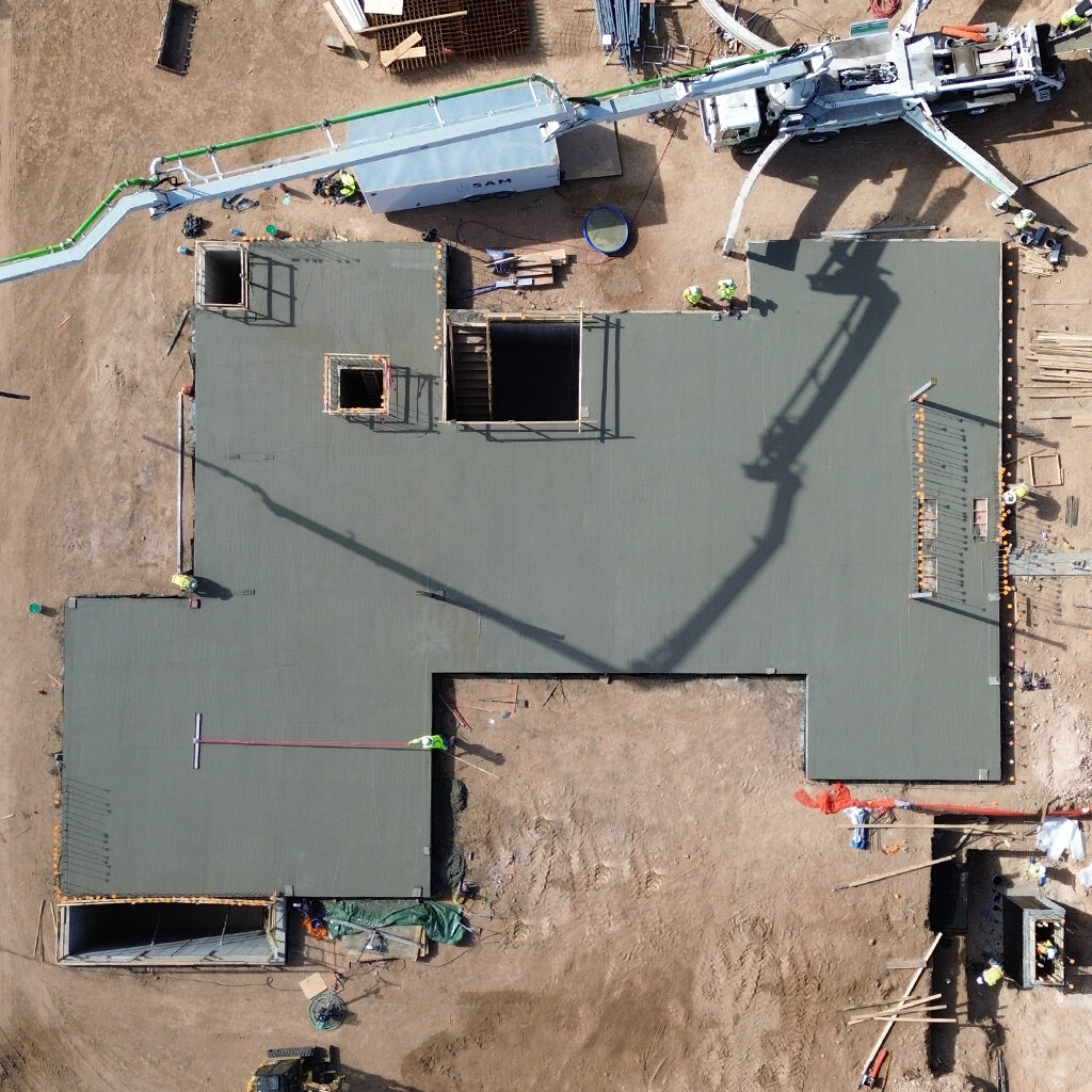 Overhead aerial of completed concrete slab floor